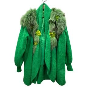 Vintage Bold Green Mohair Blend oversized Cardigan Fur‎ Trim Embellished Flowers